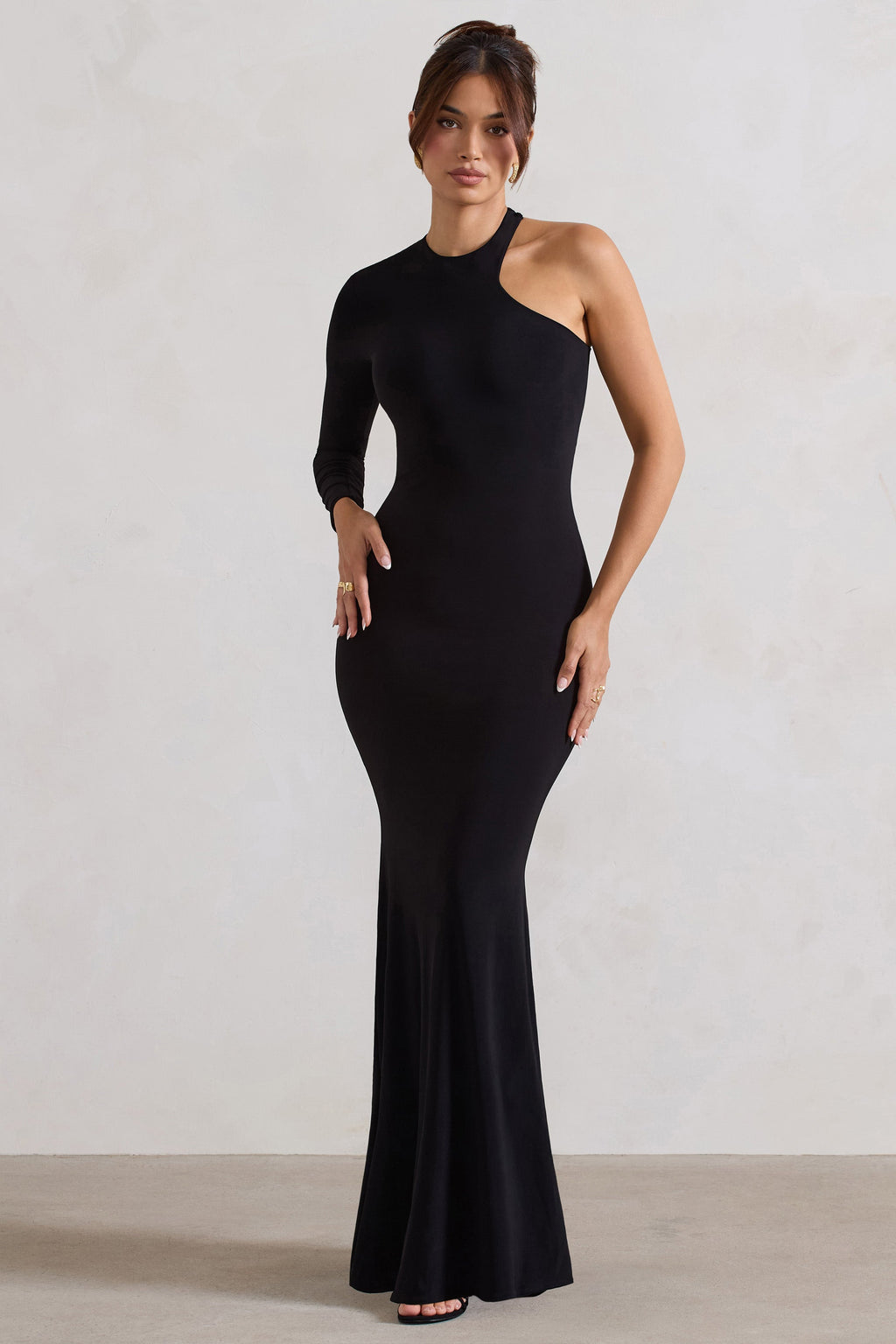 Tyra | Black Asymmetric Neck Cut Out Maxi Dress With Open Back Detail
