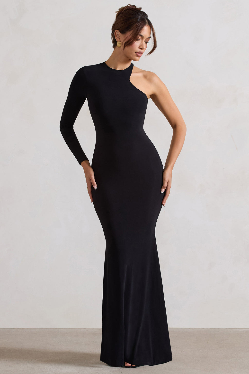 Tyra | Black Asymmetric Neck Cut Out Maxi Dress With Open Back Detail