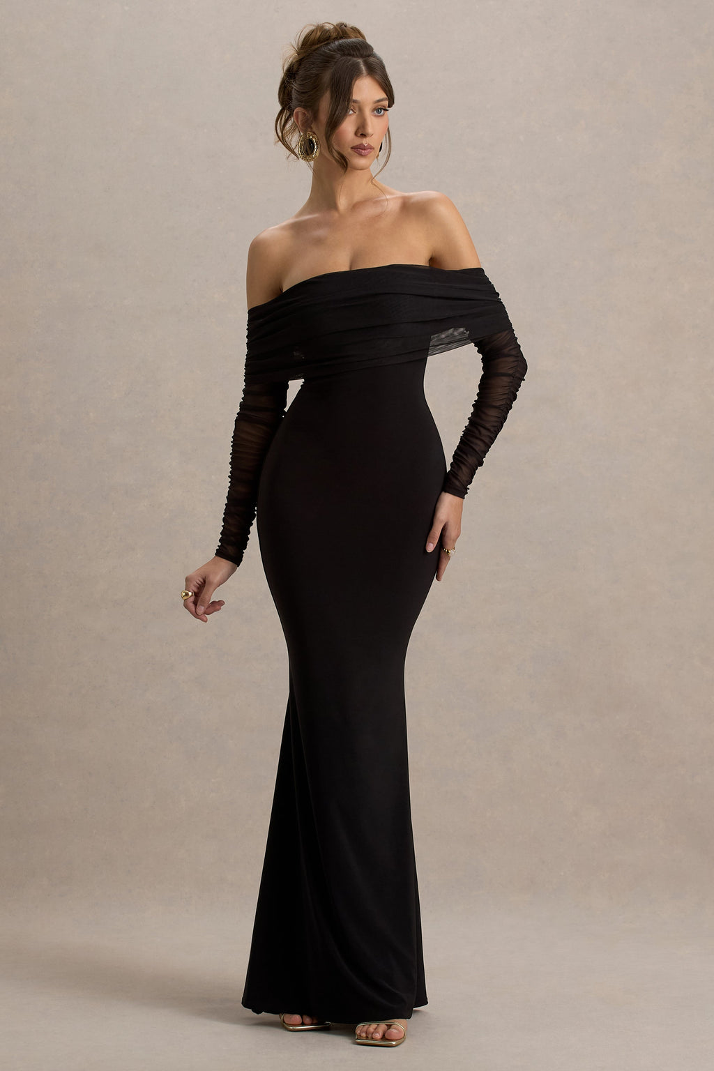 Madeleine | Black Fishtail Maxi Dress With Bardot Mesh Long Sleeves