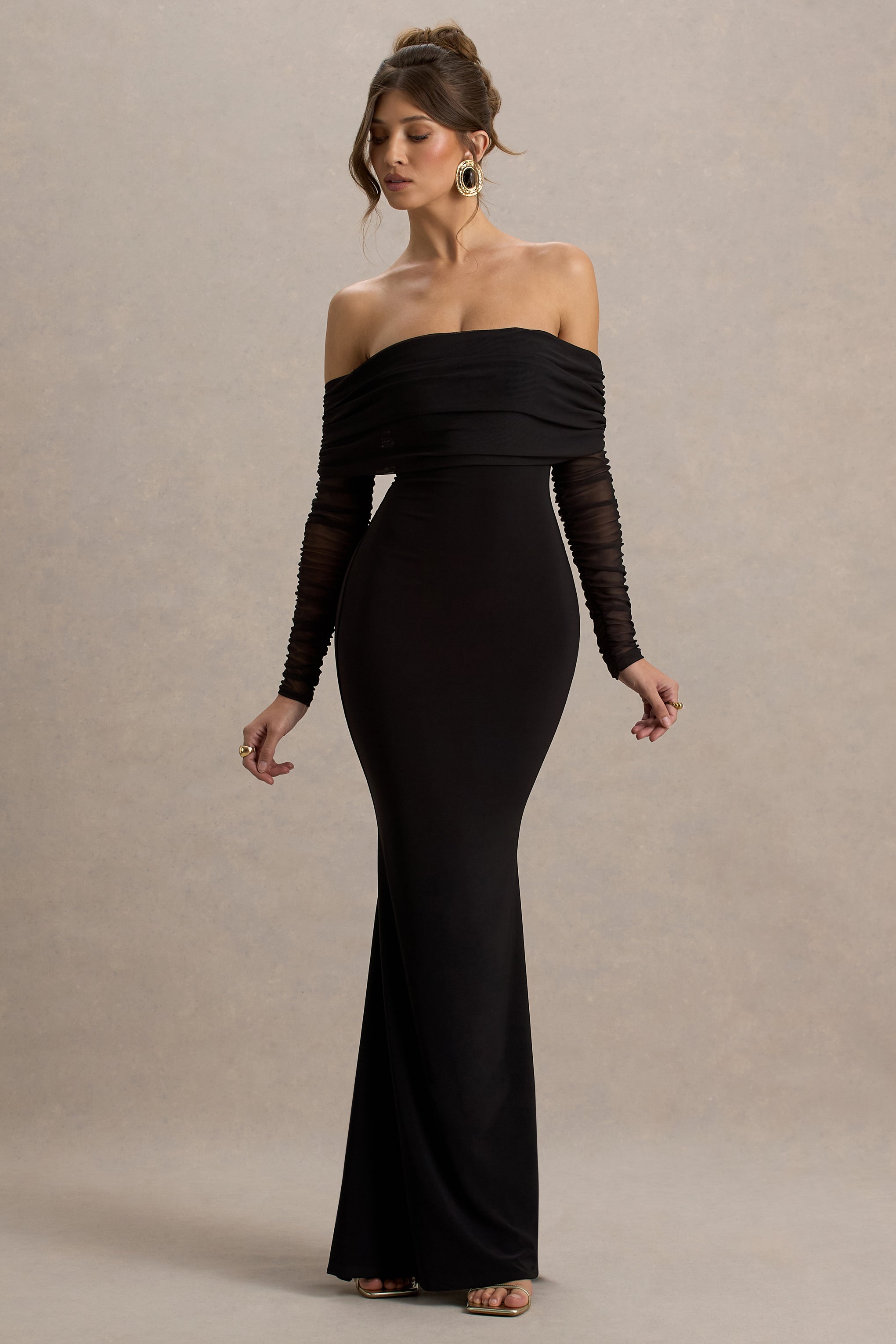 Madeleine | Black Fishtail Maxi Dress With Bardot Mesh Long Sleeves