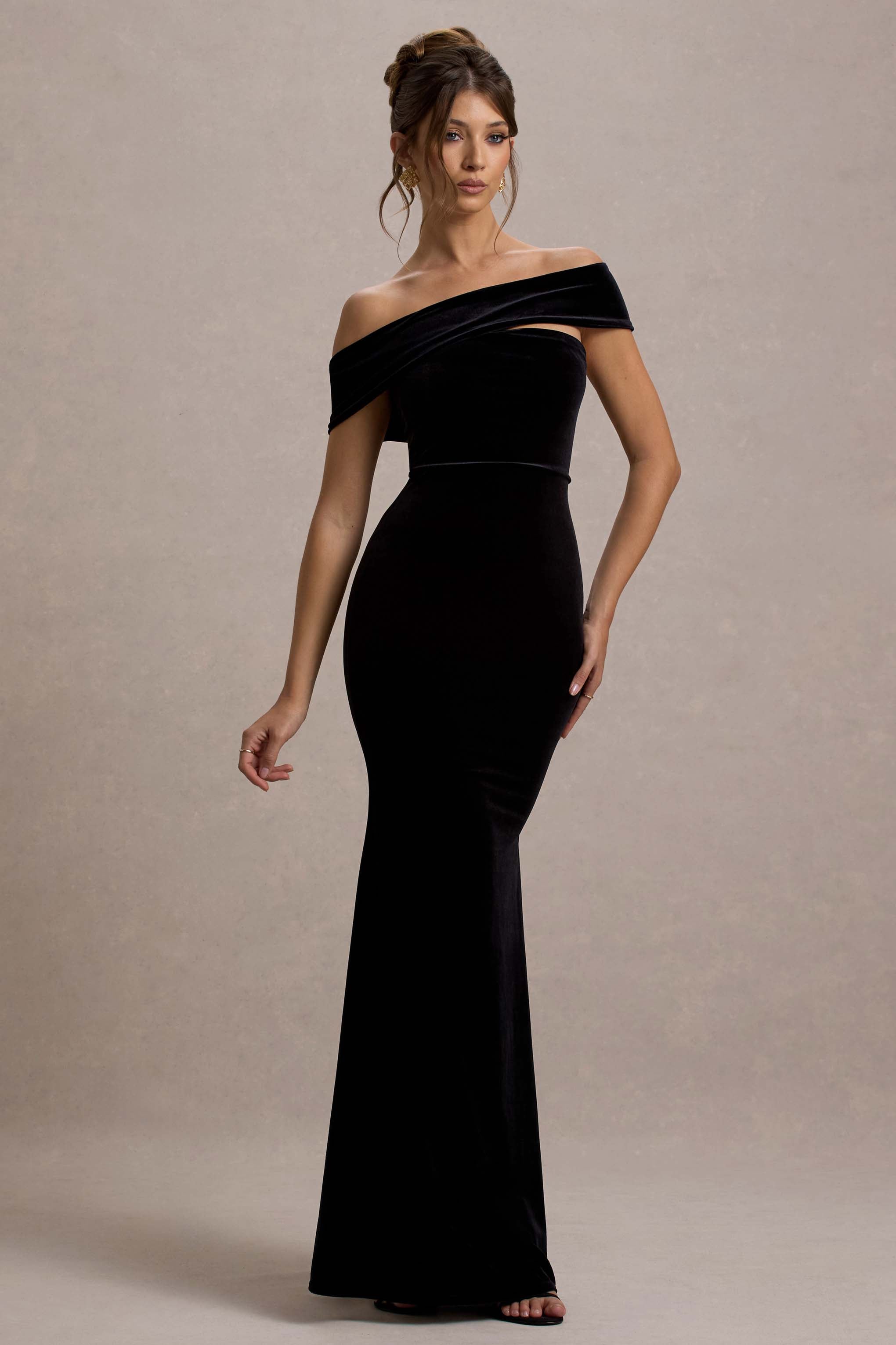 Candela | Black Velvet Asymmetric Bardot Maxi Dress
